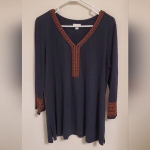 J. Jill Navy Tunic with Rust Embroidered Trim Size Large Boho Southwestern